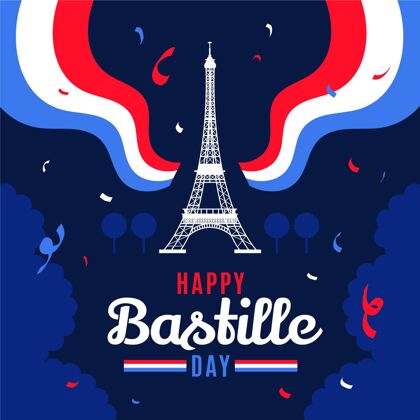 法国国庆平底巴士底狱日插图纪念平面设计埃菲尔铁塔
