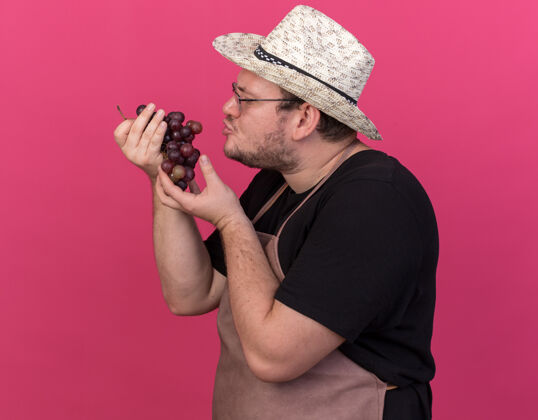 感情高兴的年轻男园丁戴着园艺帽 手拿葡萄看着隔离在粉红色墙上葡萄男性穿着