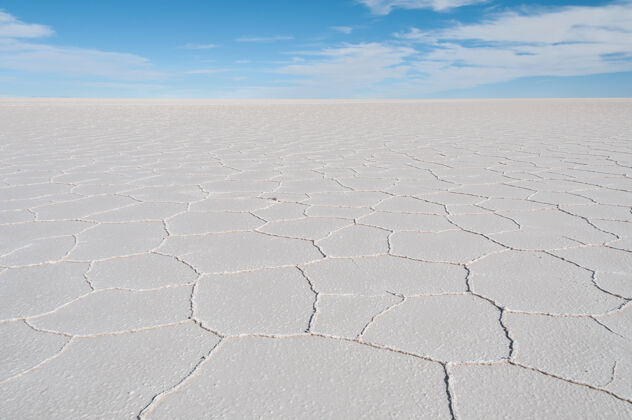 盐在玻利维亚印加瓦西岛明亮的蓝天下拍摄的美丽的盐滩照片平坦风景天空
