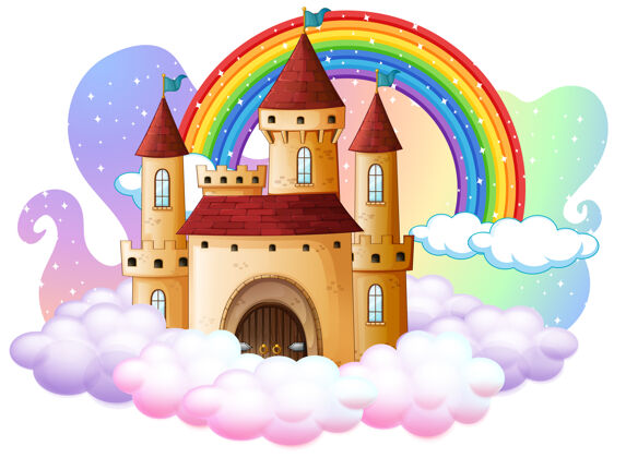 结构云上有彩虹的城堡 孤零零的白色幻想人物童话