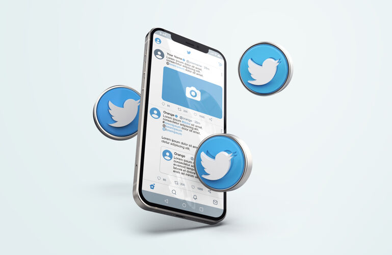 网络推特上的银色手机模型与三维图标博客技术网页