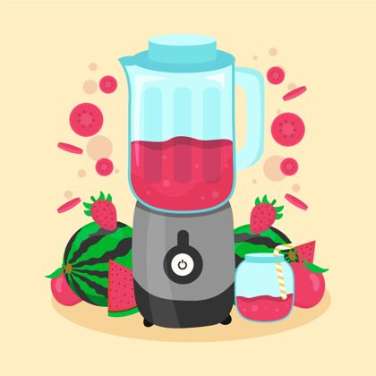 健康平面果汁在搅拌机玻璃插图液体食品水果冰沙