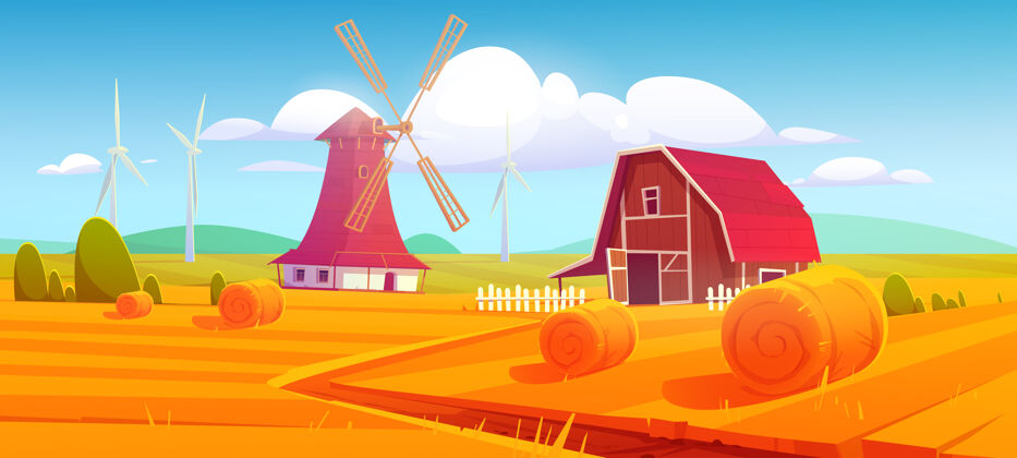 乡村农场里的风车和谷仓就在乡村景观上农业建筑谷仓