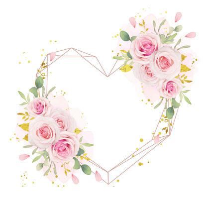 框架美丽的花环与水彩粉红玫瑰和黄金装饰植物水彩手绘
