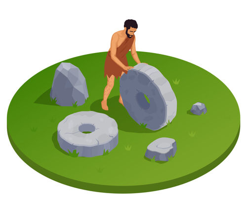 人穴居人史前原始人圆形等距插图用古人用石头做成的滚轮穴居人等距轮子