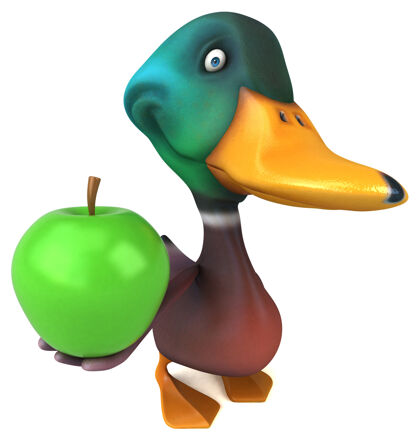 3d有趣的鸭子三维插图苹果水果鸟嘴