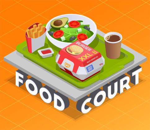 三维美食广场等距图 带有三维文本上的服务拼盘 包含打包的食物和饮料膳食文本服务
