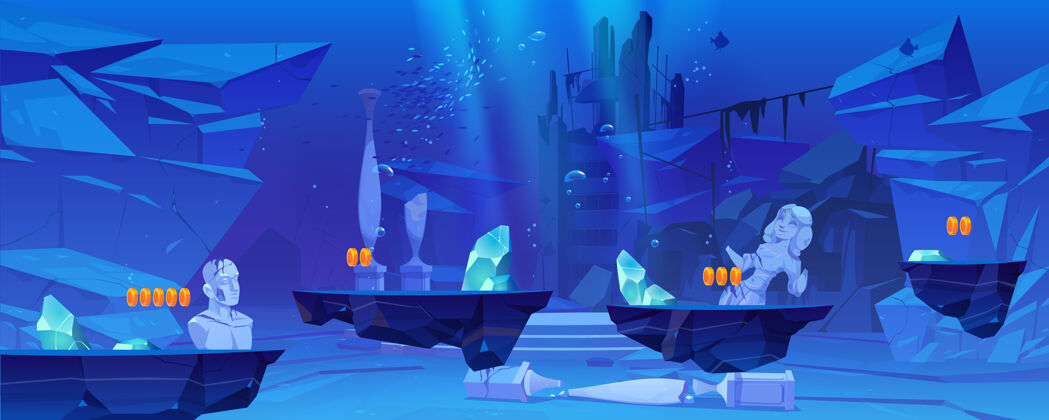 废墟游戏级插图与平台在水下的海洋或海洋水下景观与古代遗迹视频游戏蓝色海洋