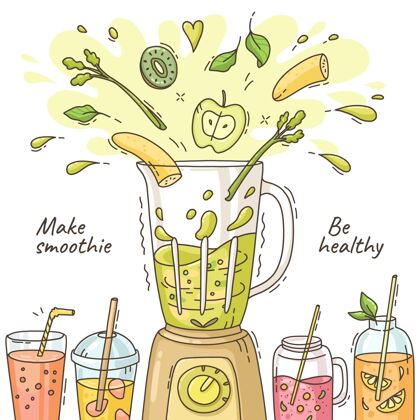 水果冰沙手绘果汁在搅拌机玻璃插图健康饮料水果健康