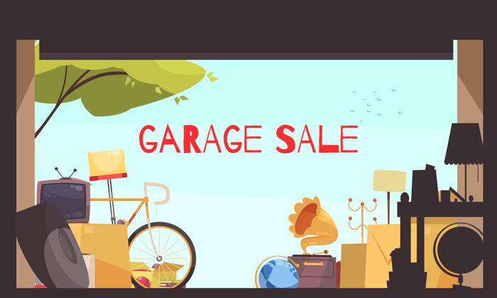 公寓车库出售自行车电视和家具平面插图标志购物电视