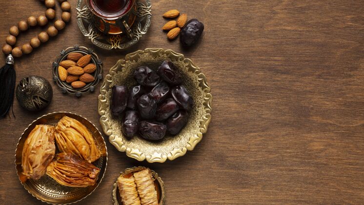 阿拉伯语新年伊斯兰新年装饰与祈祷珠和小吃传统祈祷珠子珠子