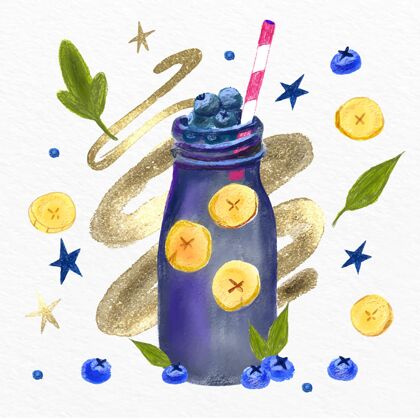 水果手绘水彩画果汁在搅拌机玻璃插图水彩画健康美味