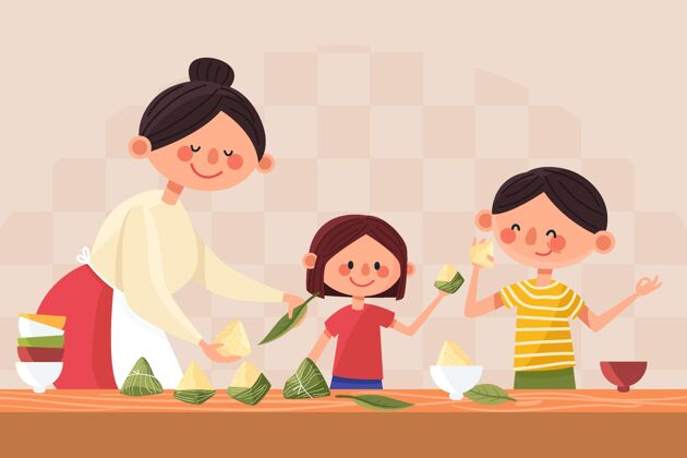 家庭准备粽子有机扁舟一家准备吃粽子插画6月14日端午中国
