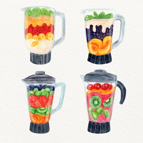 手绘手绘水彩画果汁在搅拌机玻璃插图营养冰沙搅拌机