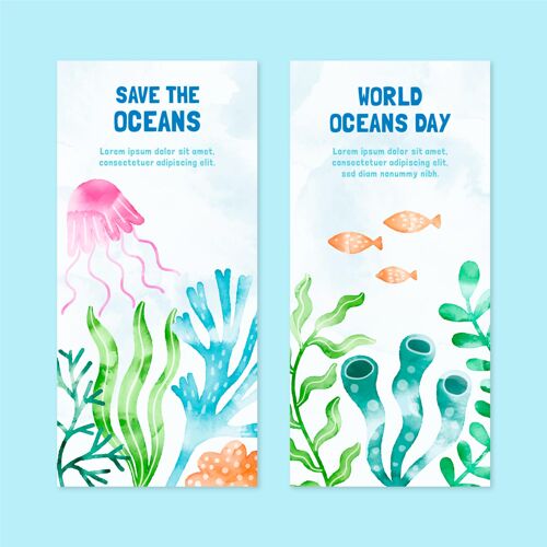 生态系统手绘水彩画世界海洋日横幅集环境生态海洋