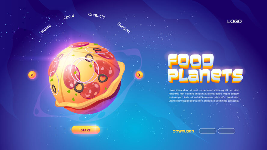 漫画食物星球卡通登陆页与比萨饼球在外太空银河宇宙娱乐