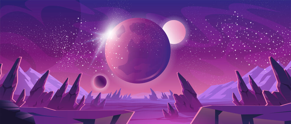 宇宙太空旗帜与紫色星球景观旗帜宇宙场景