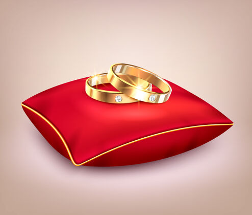 结婚戒指红色礼枕上镶有钻石的金色结婚戒指枕头现实钻石