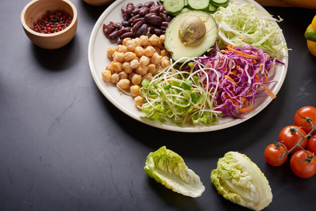 营养佛碗菜 蔬菜和豆类顶视图品种干净的饮食绿色