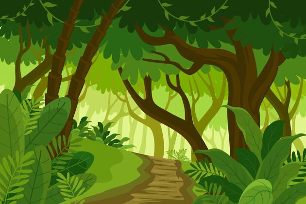 平面设计卡通丛林背景与途径通过外来植物平面丛林卡通设计丛林背景