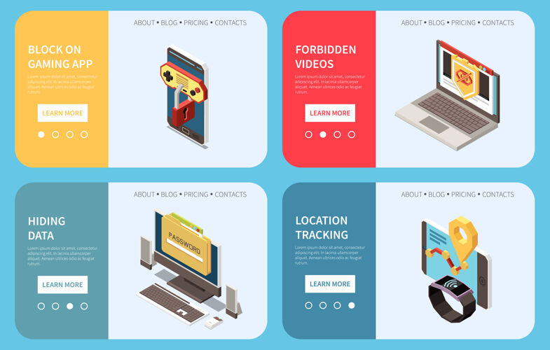应用程序家长数字互联网控制4网页横幅与阻止游戏应用程序位置跟踪隐藏数据横幅内容等轴测