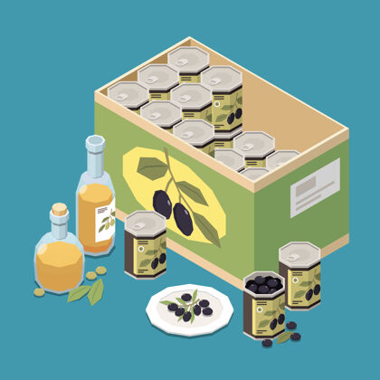 生产橄榄生产等距与现成的产品橄榄油瓶和罐头盒组成组成瓶等距