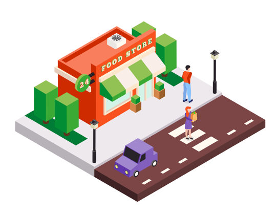 人等距城市建筑插图组成的小食品店房子 广场树木 汽车和人的性格建筑小广场