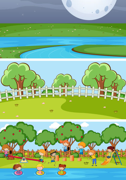 绘画一组不同的水平场景背景与涂鸦儿童卡通人物花园空白风景