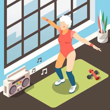 西装长寿等距插图与现代老年妇女在适合健身做体育锻炼的音乐伴奏下老人健身长寿