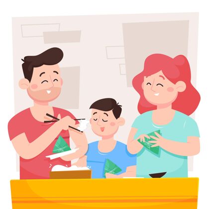 家庭卡通龙舟一家准备吃粽子插画家庭准备粽子传统节日