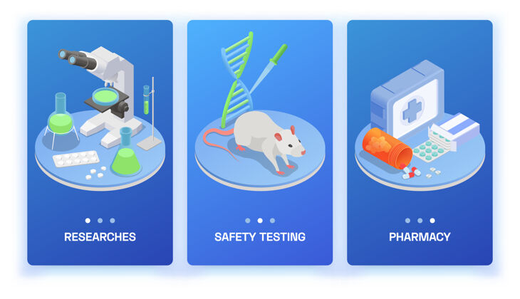 实验室药品生产等距设置三个垂直横幅与医疗产品研究设备和实验室鼠医学等距研究