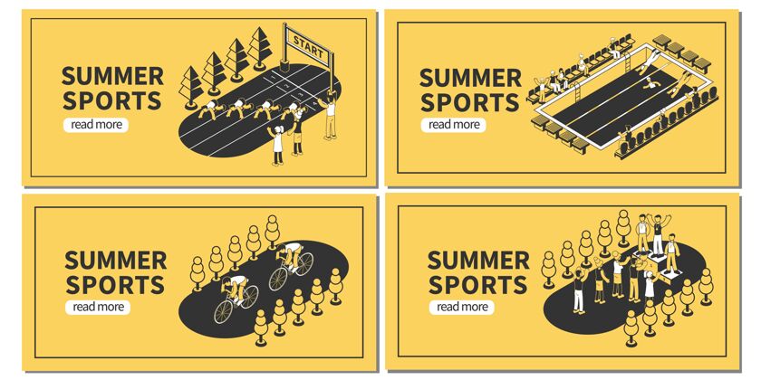 文字夏季体育比赛横幅与可编辑的文本设置阅读更多按钮和等距图像横幅比赛水平