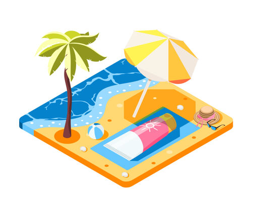 海滩防晒霜等距组成的概念形象奶油管躺在沙滩上与太阳伞组成奶油管