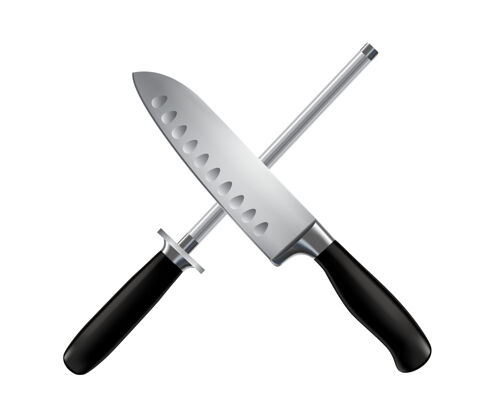 向上屠刀和锐化厨师不锈钢黑色手柄交叉特写逼真的图像插图把手屠夫不锈钢