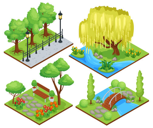 等距自然公园保护景观休闲区概念4等距组成与垂柳花坛插图柳树概念面积