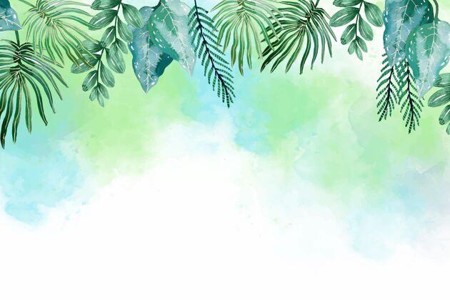 夏天手绘水彩画热带树叶背景夏天蔬菜热带树叶背景