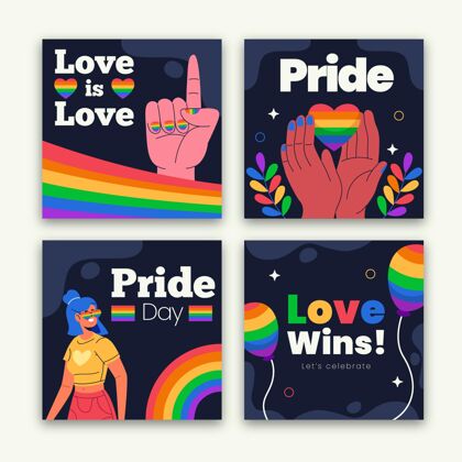 彩虹旗帜有机平面自豪日instagram帖子集社交媒体模板平面收藏
