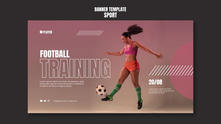 运动运动横幅模板与女子踢足球的照片训练运动健身
