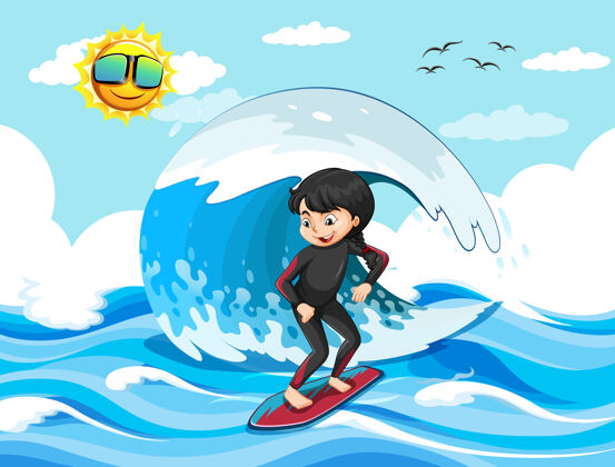 卡通大海浪在海洋场景与女孩站在冲浪板上运动框架运动员