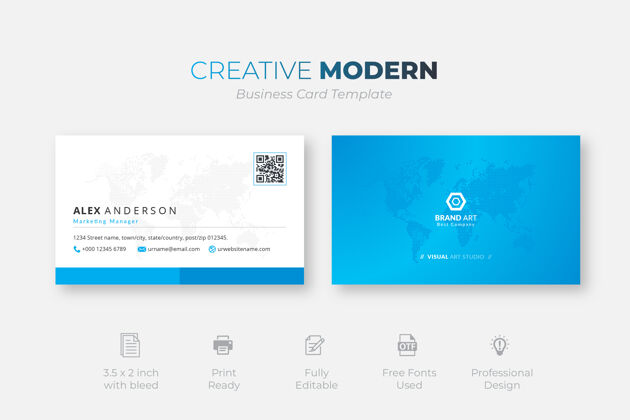 白色创意现代名片模板蓝色细节文具公司现代