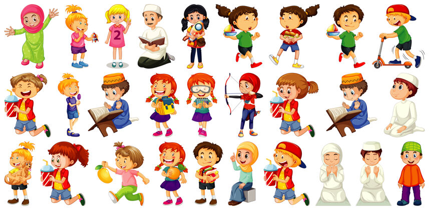 幼儿园孩子们在做不同的活动卡通人物设置在白色背景上女孩男孩活跃