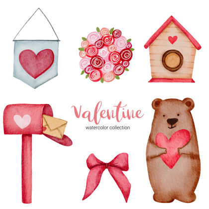 浪漫情人节设置元素玫瑰 丝带 心 邮箱和更多玫瑰泰迪安排