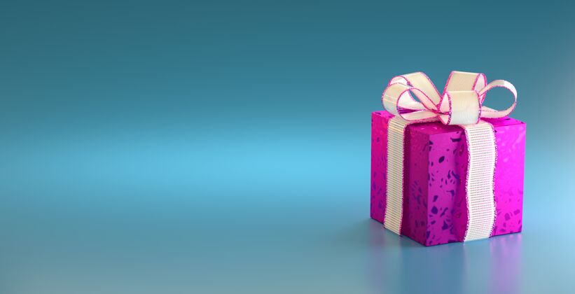 庆祝紫罗兰色礼盒 蓝色背景上有白色丝带 可复制文本空间白色丝带蝴蝶结