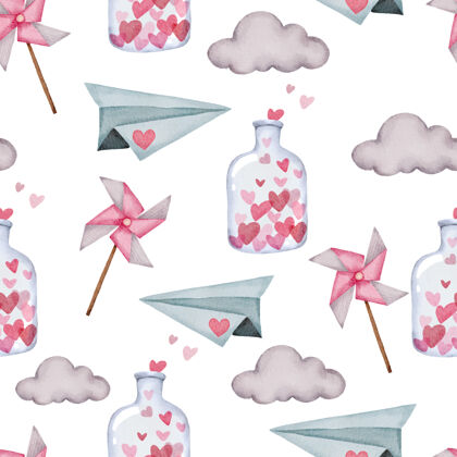 抽象情人节无缝图案 纸飞机 云和瓶子浪漫约会手