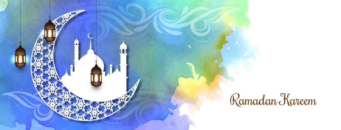 神圣五颜六色的斋月节横幅与新月清真寺穆巴拉克斋月
