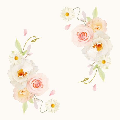 乡村美丽的花环与水彩粉红玫瑰和白色牡丹花卉花环爱情