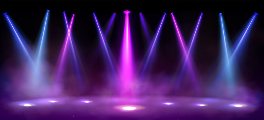 俱乐部舞台灯光在黑色背景上用烟雾聚焦光束场景烟雾粉色