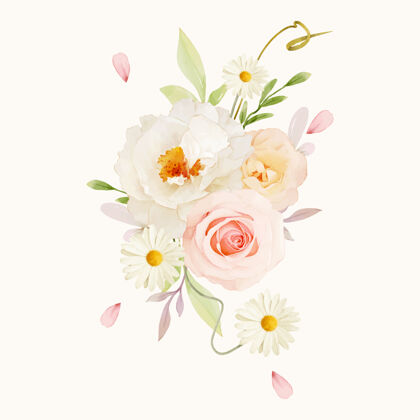 玫瑰花粉色玫瑰和白色牡丹的水彩花束安排花卉花卉