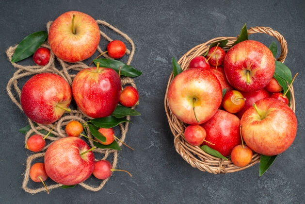 可食用的水果俯瞰水果篮和开胃的苹果樱桃与树叶绳绳索多汁农产品