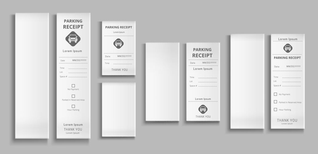 服务停车收据d模板纸质付款支票停车场服务付款交易空白和填写日期和时间隔离模型卡在灰色墙上现实的插图集购买纸张日期